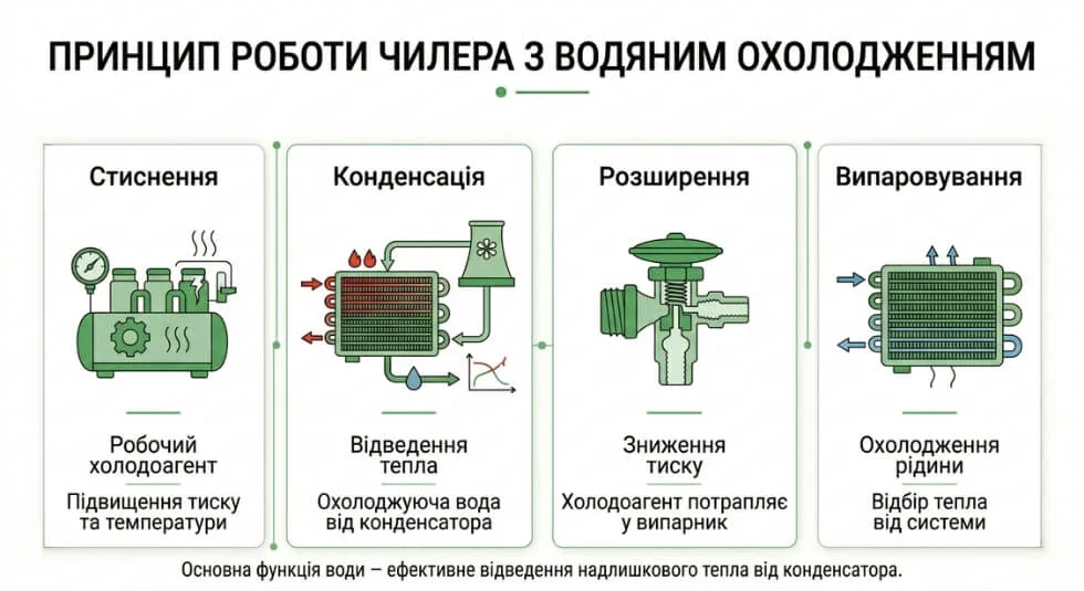 Принцип роботи чилера з водяним охолодженням