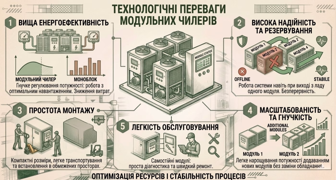 Технологічні переваги модульних чилерів