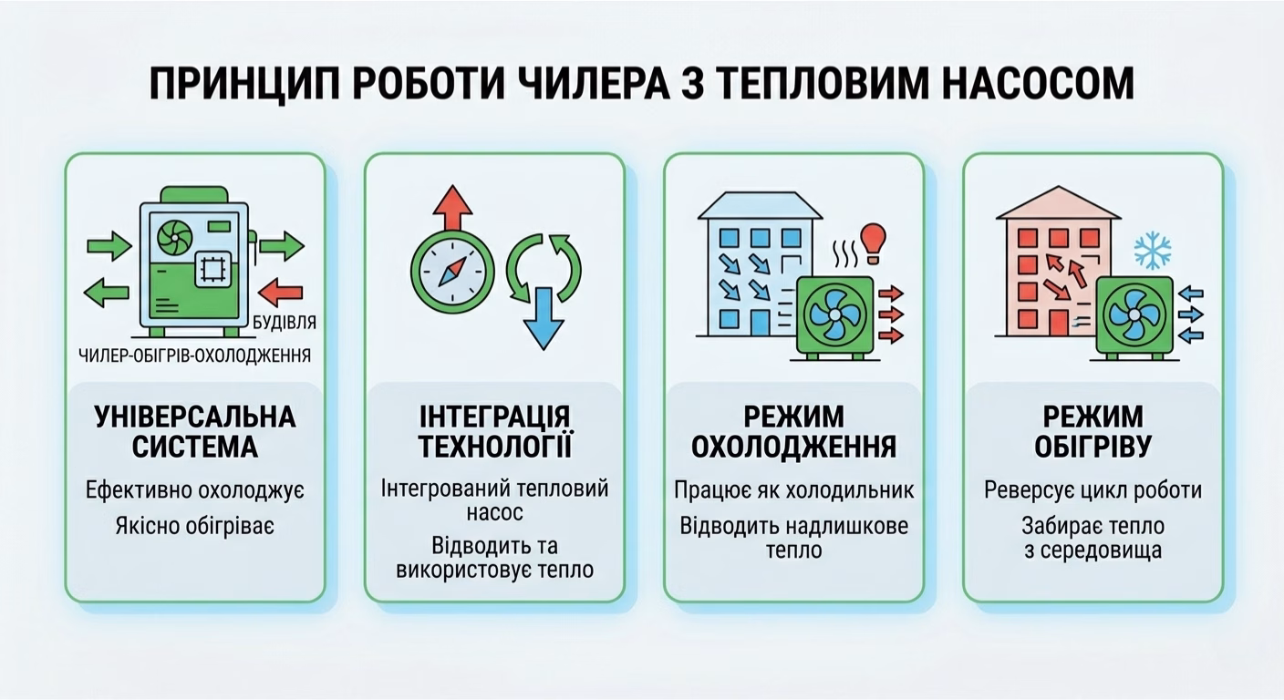 Принцип роботи чилера з тепловим насосом